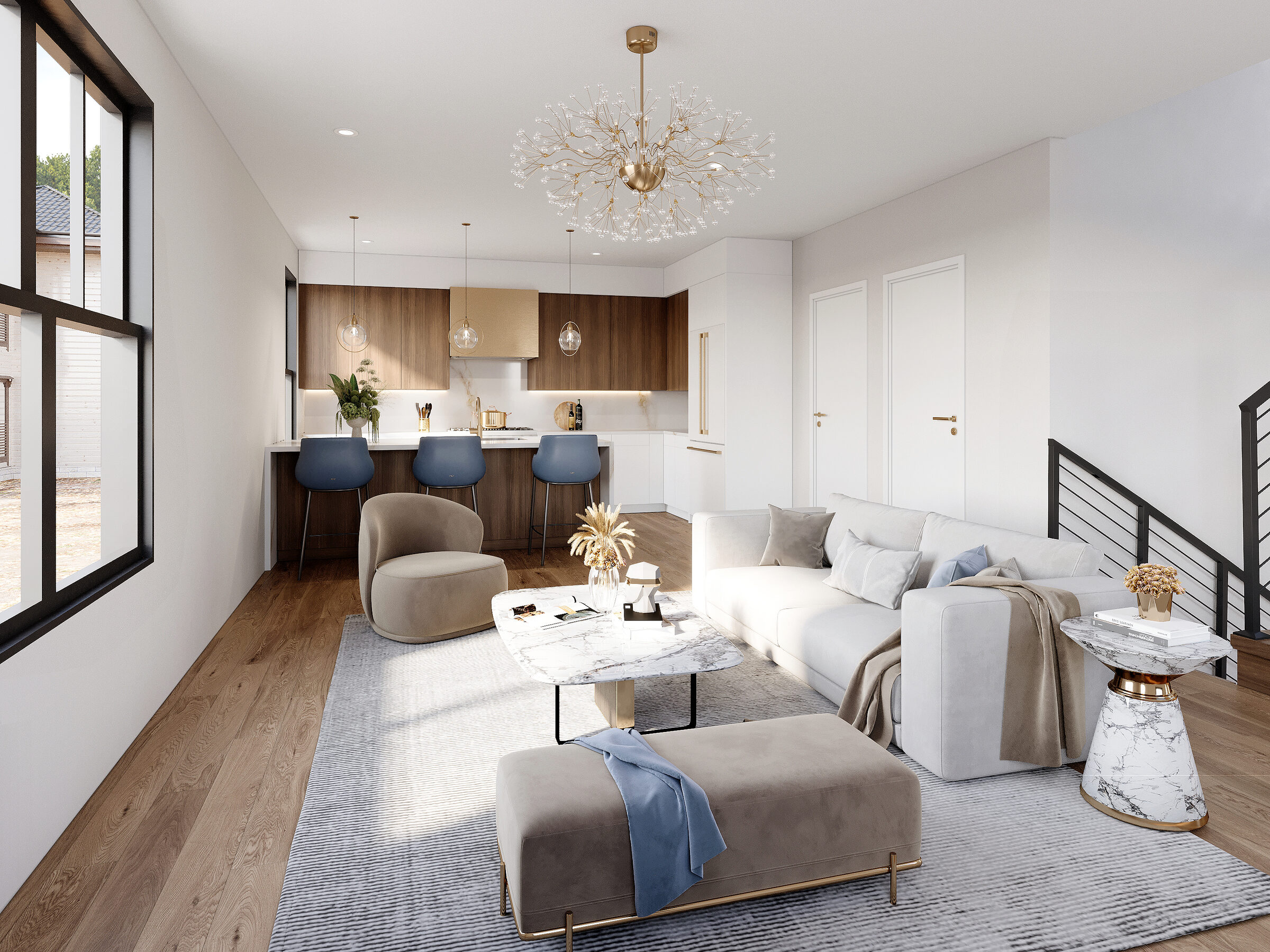 Open-concept living room with sofa, chandelier, and kitchen island with bar stools visible in background